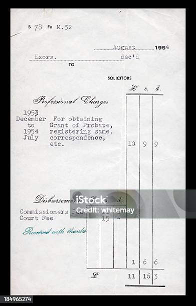 Avvocato Conto Del 1954 - Fotografie stock e altre immagini di Scontrino fiscale - Scontrino fiscale, 1950-1959, Carattere tipografico