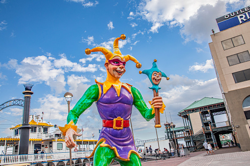 New Orleans, USA - October 24, 2023: statue of Jester in New Orleans, the symbol for Mardy gras festival.