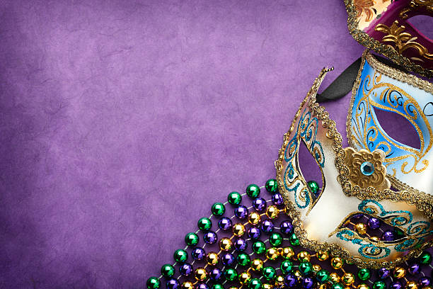 Mardi Gras masks and beads on a purple background.