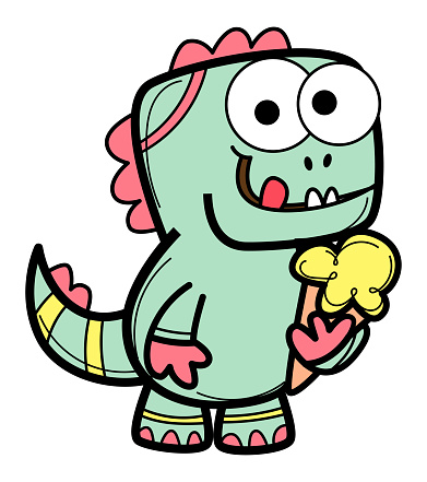 Funny dinosaur holding ice cream cartoon illustration. Can be used for kids or baby prints, stickers, cards, nursery, apparel, teaching media, scrap book elements, party supply, baby shower and more