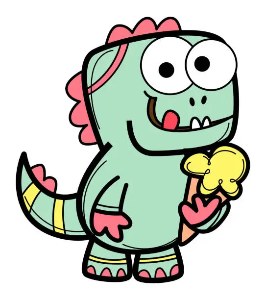 Vector illustration of Funny Dino holding ice cream cartoon illustration