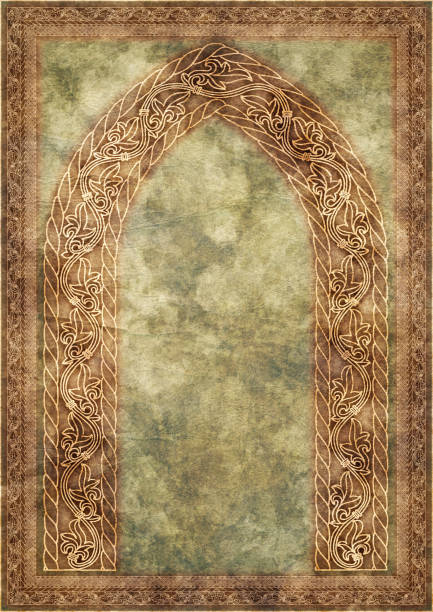 hi-res alte pergament mit mittelalterlichen golden arabesque linear dekorative motiv - leather green hide textured effect stock-fotos und bilder