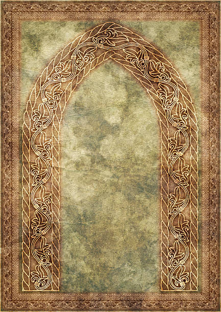 hi-res ancien parchemin avec ornement doré médiévale arabesque motif linéaire - leather green hide textured effect photos et images de collection