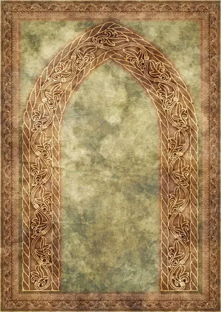 This Hi-Res Scan of Medieval Gilded Arabesque Decorative Motif, set on Pale Green, Bleached, Dappled, Animal Skin Parchment, is defined with exceptional details and richness, and represents the excellent choice for implementation within various CG Projects. 