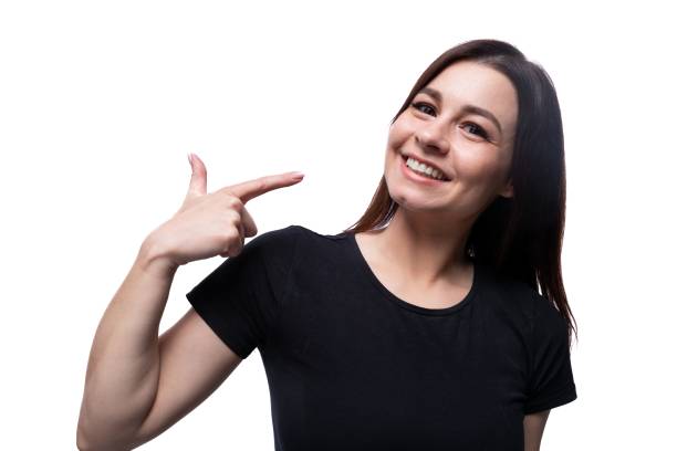 istock Young happy lady with brown eyes on a background with copy space 1849662799