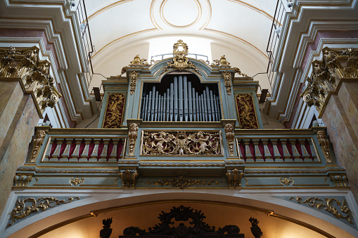 Interior view of the Montpellier Cathedral, the church is dedicated to Saint Peter and she is ocated in the center of the city. The image shows the The Lépine organ restored by Kern.