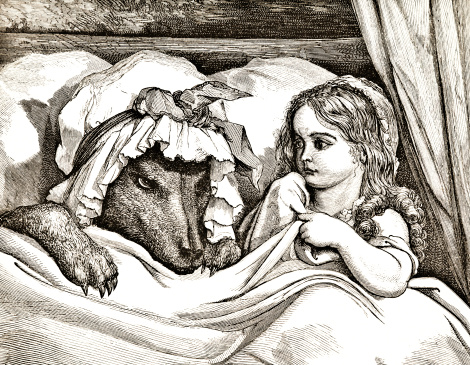 Wolf dressed in clothing lies next to girl in bed  - Victorian Steel Engraving 1879. 