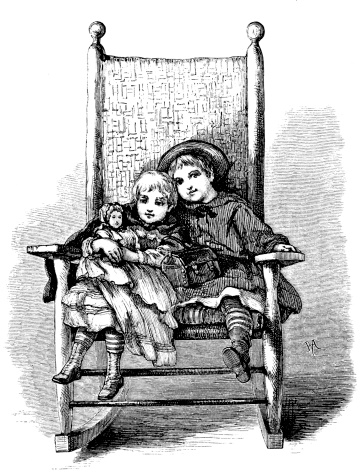 Children sitting together on large rocking chair. Victorian Engraving 1876. 