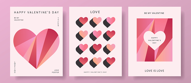 Set of Valentines Day posters templates. Trendy minimalist aesthetic with gradients, typography, y2k backgrounds, geometric elements. Modern design for banner, invitation, card, cover.