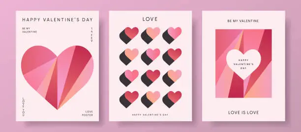Vector illustration of Set of Valentines Day posters templates. Trendy minimalist aesthetic with gradients, typography, y2k backgrounds, geometric elements. Modern design for banner, invitation, card, cover.
