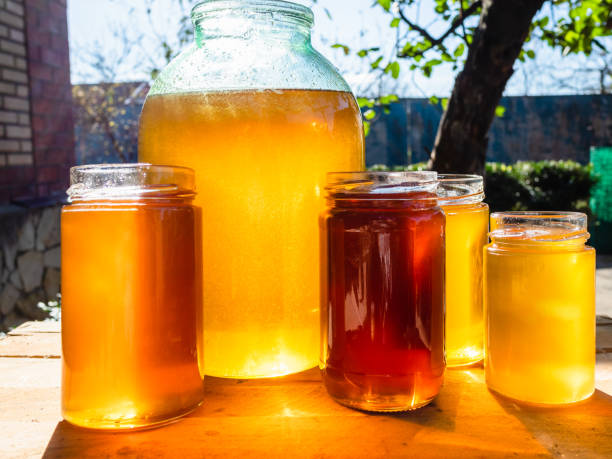 istock front view of many honey in various glass jars 1849682214