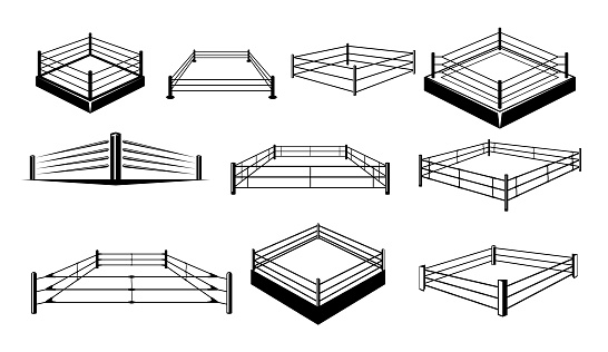 Boxing ring sport arena with ropes for fighting tournament monochrome line icon set isometric vector illustration. Fight stage for boxer competition power presentation wrestling game entertainment