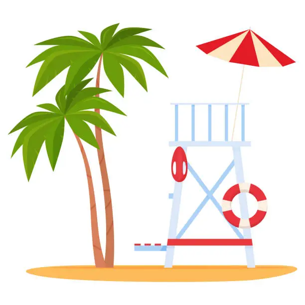 Vector illustration of Lifeguard beach chair tower with palm tree umbrella and lifebuoy summer vacation vector flat