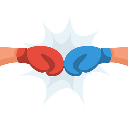 Conflict concept. Boxing gloves in battle. Two fists clenched in a dispute. Aggressive solution to problem. Disagreements of businessmen. Business conflict, debate. Vector illustration flat design.