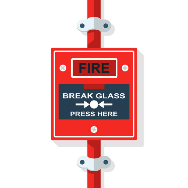 Fire alarm system. Fire button. Emergency siren. Fire alarm system. Fire button. Emergency siren. Vector illustration flat design. Isolated on white background. Red alarm equipment detector. emergency break glass box stock illustrations