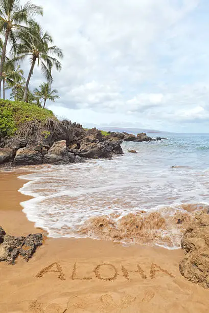The word ALOHA written in the sand of Po'olenalena Beach (also known as Love Beach, Keauhou Beach, Pepeiaolepo Beach, Paipu Beach, and Makena Surf Beach!) in Wailea-Makena, south Maui, Hawaii.