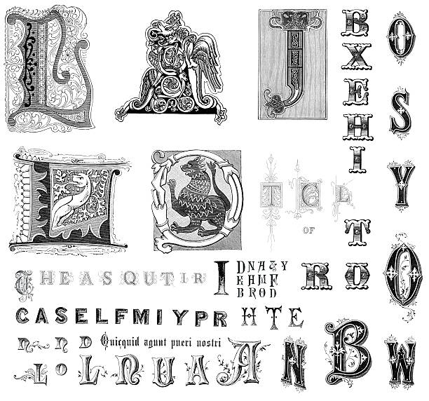 Retro Alphabet Letters Vintage engraving of miscellaneous retro vintage letters antique illustration of ornate letter f stock illustrations
