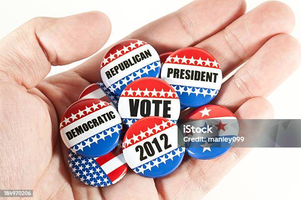 Collection Of Election Pins On Hand Stock Photo - Download Image Now - American Flag, Blue, Collection