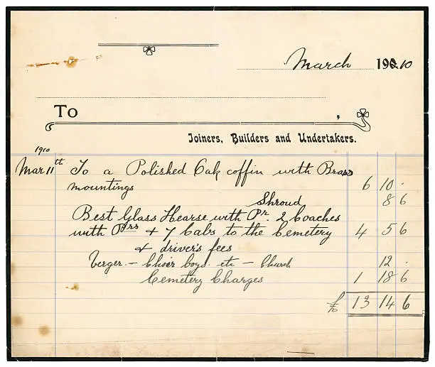 Photo of Undertaker's bill for coffin and funeral, 1910