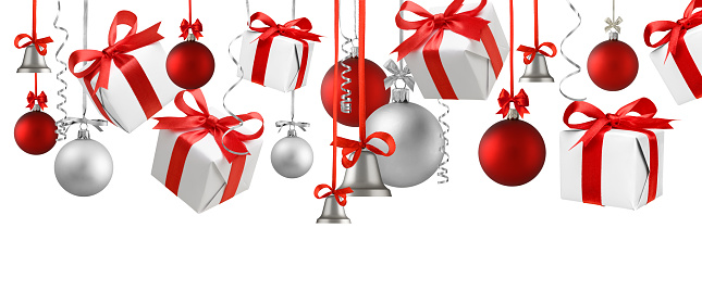 Christmas web banner border from White and red gift boxes and baubles flying on white background