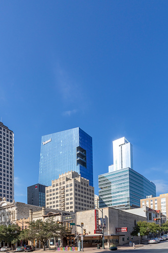 Austin, Texas - November 3, 2023:  facade of modern skyscraper downtown in Austin, USA.