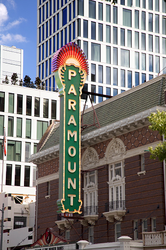 Austin, Texas - November 3, 2023:  facade and neon signage of the historic paramount theater in Austin.