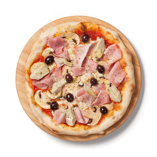 istock Pizza four seasons: tomato, mozzarella, cooked ham, mushrooms, olives, artichokes 184972768