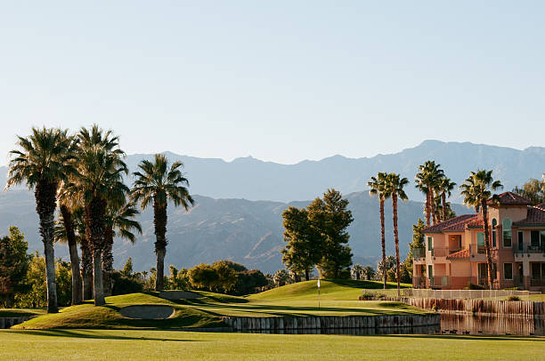 verde exuberante do campo de golfe na região de palm springs no deserto - golf golf flag sunset flag - fotografias e filmes do acervo