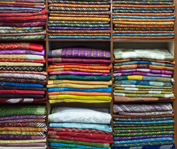 Colorful fabrics in Textile store, India stock photo