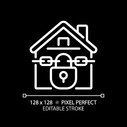 2D pixel perfect editable white foreclosed home icon, isolated vector, thin line illustration representing economic crisis.