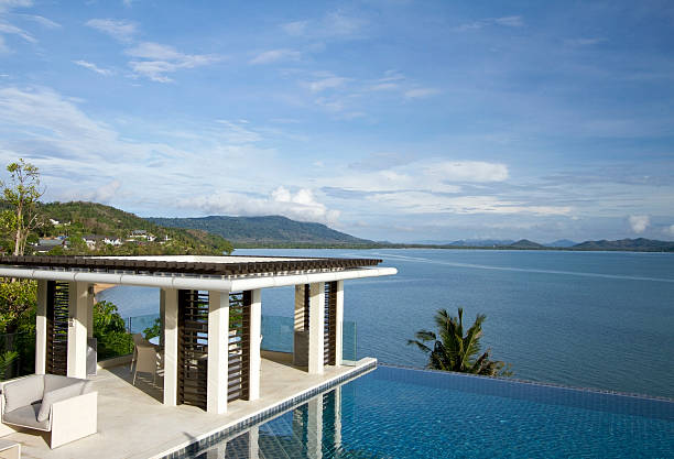 istock Tropical villa swimming pool facing the sea 184973343