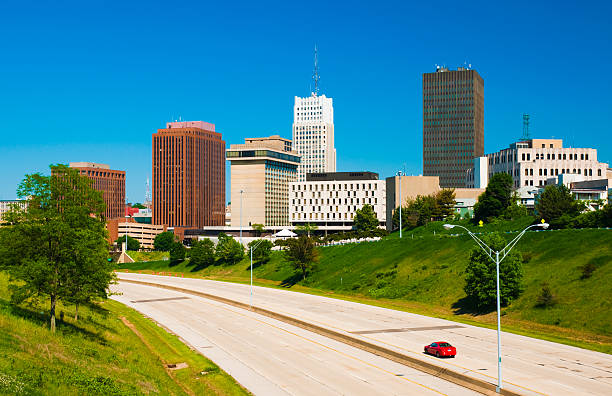 Akron Downtown Skyline "Akron, Ohio downtown skyline with Highway 59 in the foreground." akron ohio stock pictures, royalty-free photos & images