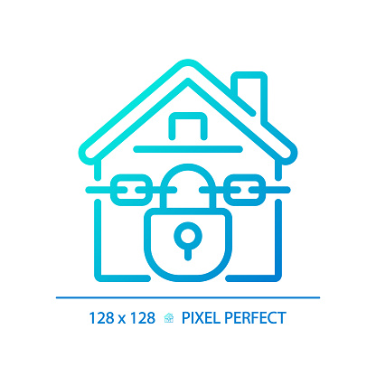 2D pixel perfect gradient foreclosed home icon, isolated vector, thin line blue illustration representing economic crisis.