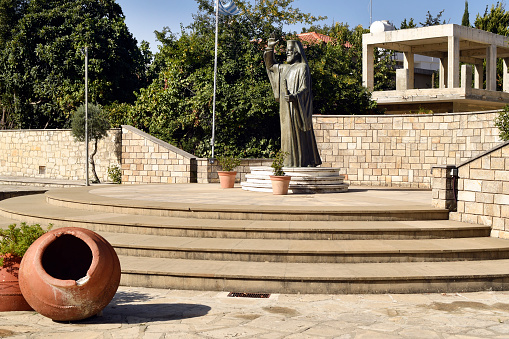 Omodos, Cyprus - September 28, 2023: Monument for President of the Republic of Cyprus and Archbishop of the Orthodox Church of Cyprus