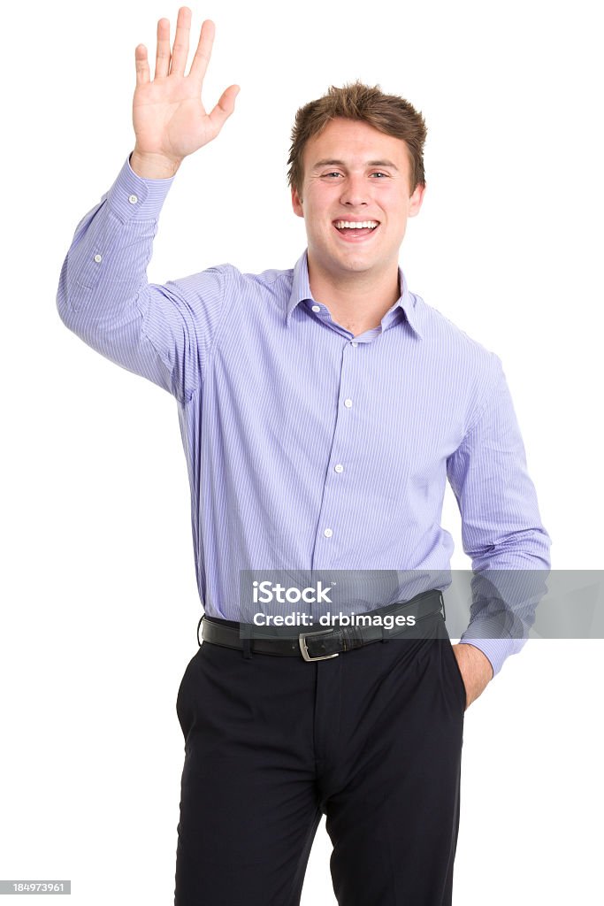 Happy Young Man Waving Hi Portrait of a young man on a white background. http://s3.amazonaws.com/drbimages/m/ec.jpg Men Stock Photo