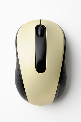 White Computer Mouse Mockup, Click Concept, Wireless Technology, PC Computer Mouse on Blue Background Top View, Copy Space