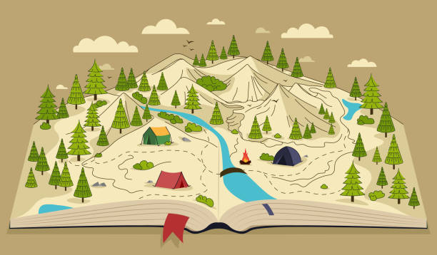 bildbanksillustrationer, clip art samt tecknat material och ikoner med map with mountains in book vector - äventyr