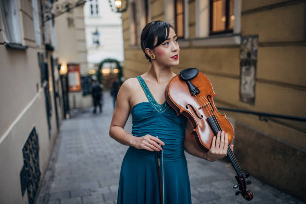 hermosa mujer violinista - vienna street musician music musician fotografías e imágenes de stock