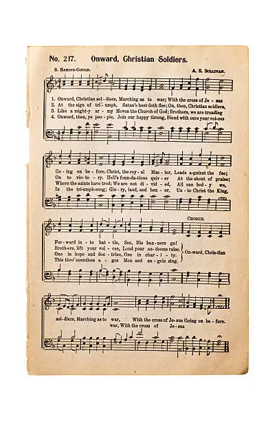 "Sheet music for Onward Christian Soldiers, taken from an antique hymnal.  The printing is copyrighted 1890 and is in the public domain."