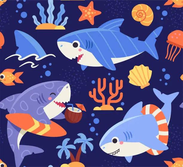 Vector illustration of Vector Seamless pattern with sharks