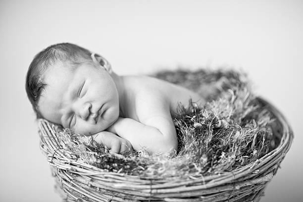 istock Peaceful Newborn Baby Lying in Basket, Black and White 184975861
