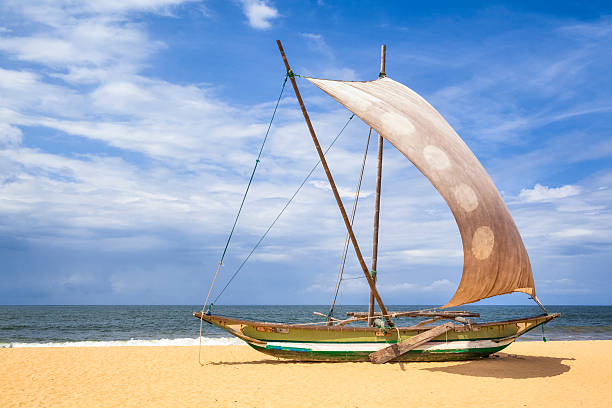 remar prahu o proa en la playa en sri lanka - canoa con balancín fotografías e imágenes de stock