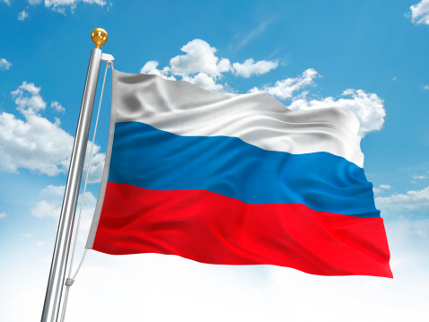 Waving Russia flag against cloudy sky. High resolution 3D render.