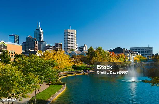 View Of Indianapolis Skyline And Canal Walk Stock Photo - Download Image Now - Indianapolis, Indiana, Urban Skyline