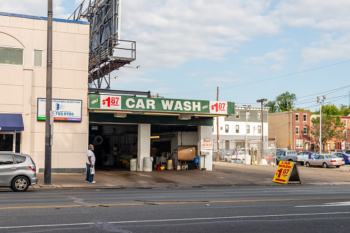 Philadelphia, PA, USA - August 26, 2017: A car wash in downtown Philadelphia.