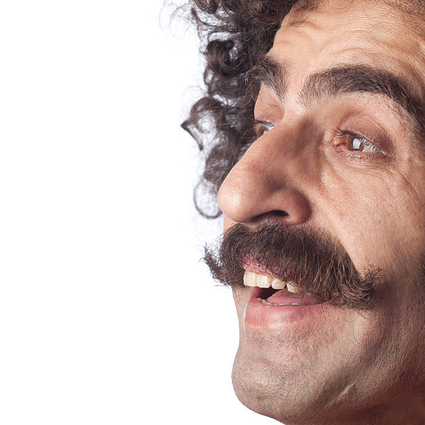 istock Side view of man with mustache shocked on white background 184978477