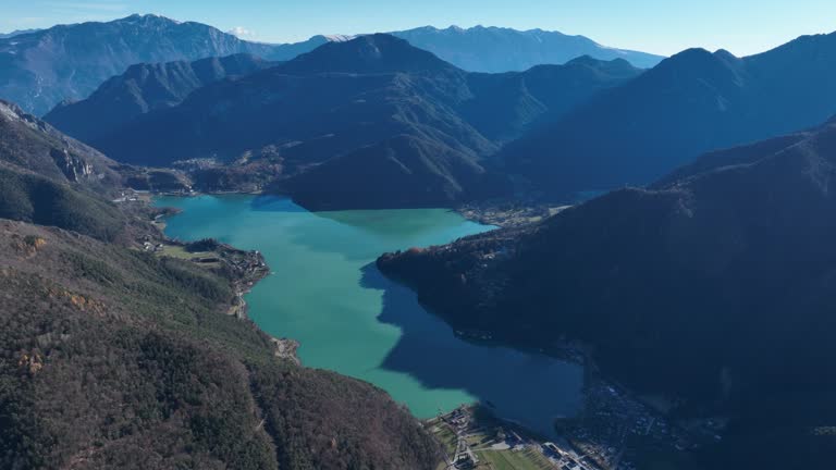 Aerial Panning Right Drone shot of Ledro Lake from Monte Cocca - Not Graded