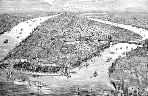 Engraving Of New York City From 1874 Showing The Bridge Connecting Brooklyn.