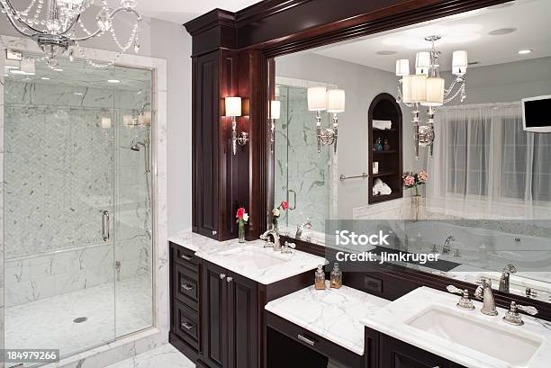 Luxurious Marble Master Bathroom With Hot Tub Tub Stock Photo - Download Image Now - Bathroom, Shower, Luxury