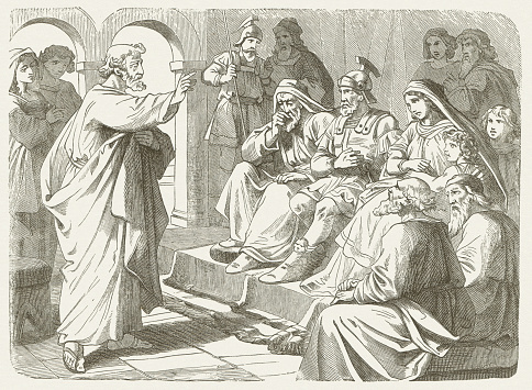 Peter's sermon at Cornelius (Acts, Chapter 10, 24-48). Woodcut engraving after a drawing by Julius Schnorr von Carolsfeld (German painter, 1794 - 1872), published in 1877.